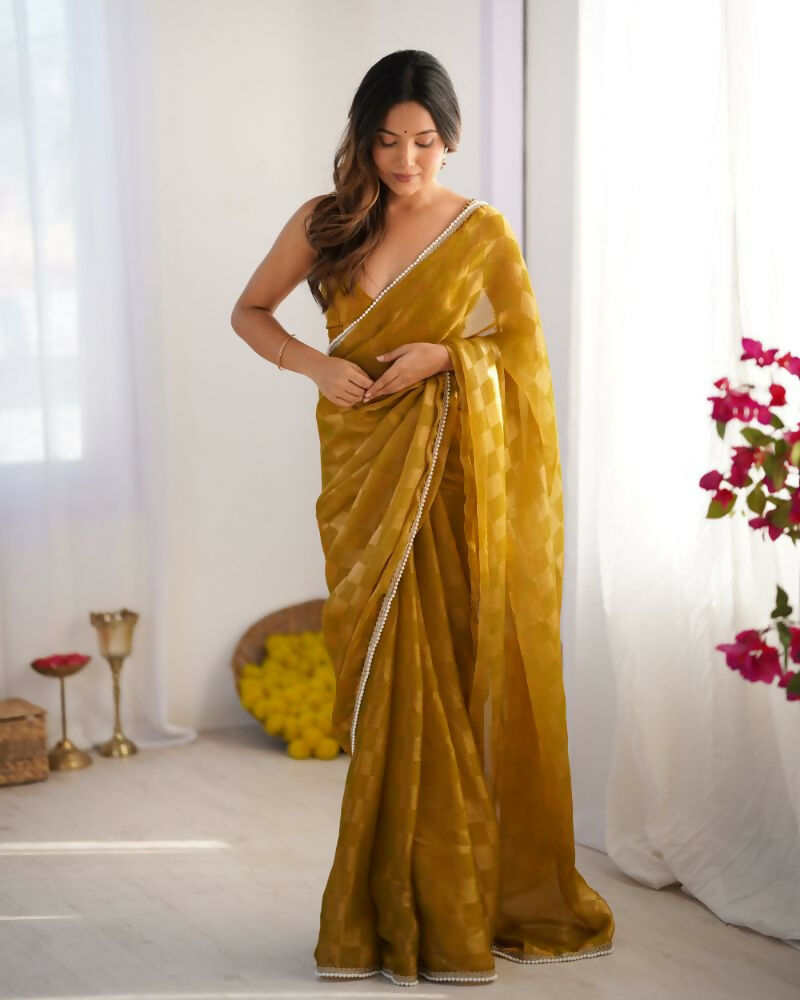 NC Chiffon Chex Wevon Chex Designer, Lace Party Wear Saree - Mustard