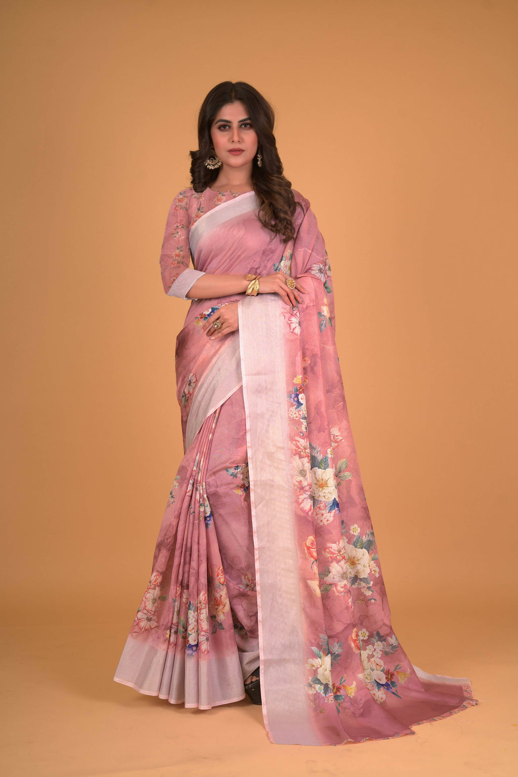 Mauve Cotton Silk Floral Printed Saree With Unstitched Blouse Piece - Akshita