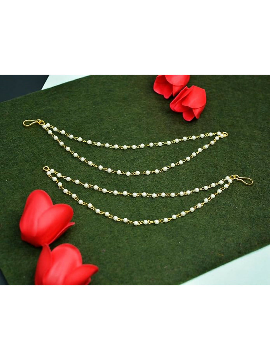NVR Pearl Studded Classic Gold-Polished 2 Line Ear Chain Ear Cuff