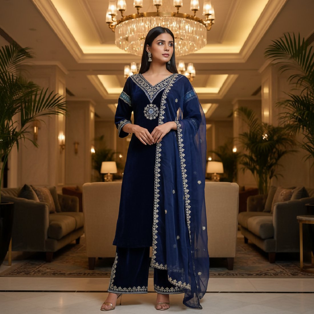 Joban Fashion Blue Velvet Embroidery Sequence Work Readymade Kurta Set - Distacart