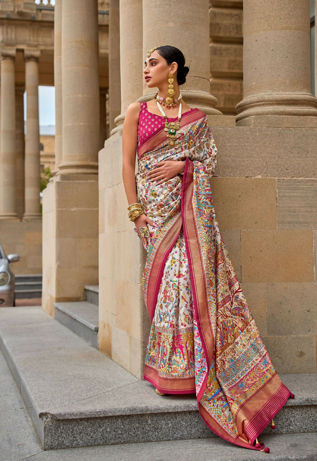 Salmon Pink & White Superior V.P.Silk Woven Printed Patola Silk Saree - Rewaa Milano