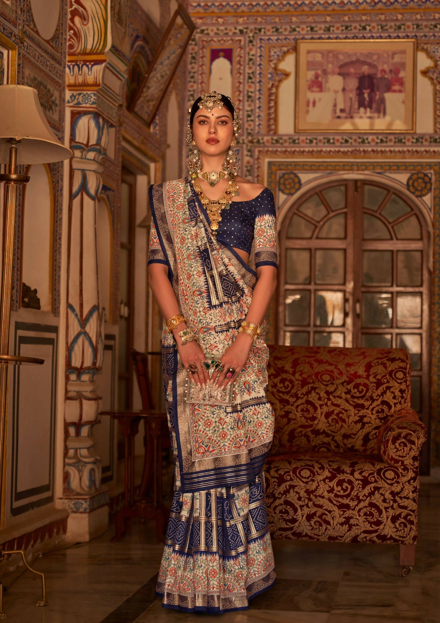 Dark Blue P V Silk Digital Print, Zari Work Printed Saree - Rewaa Parampara