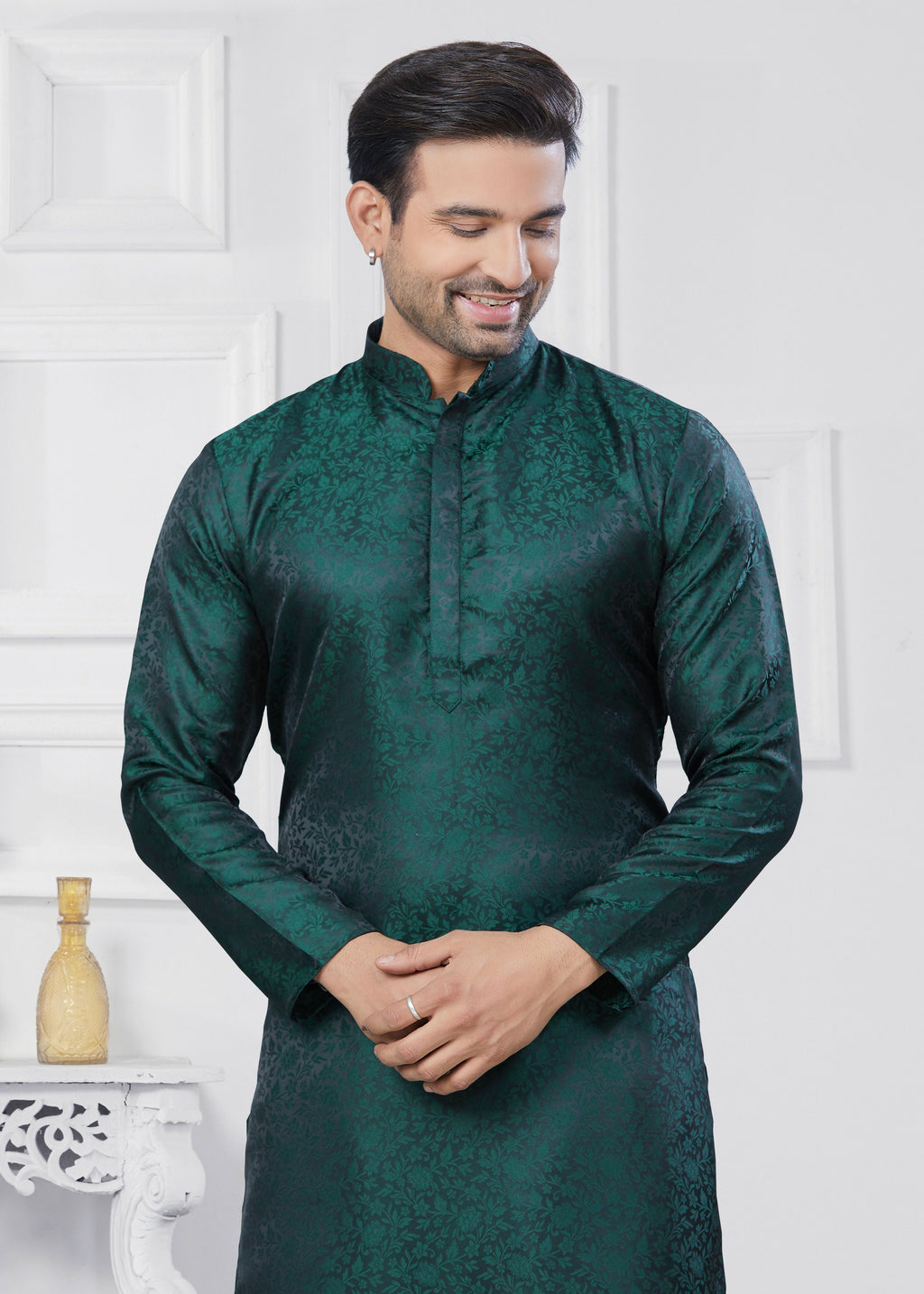 Joban Fashion Men's Jacquard Silk Green Printed Kurta Pyjama set