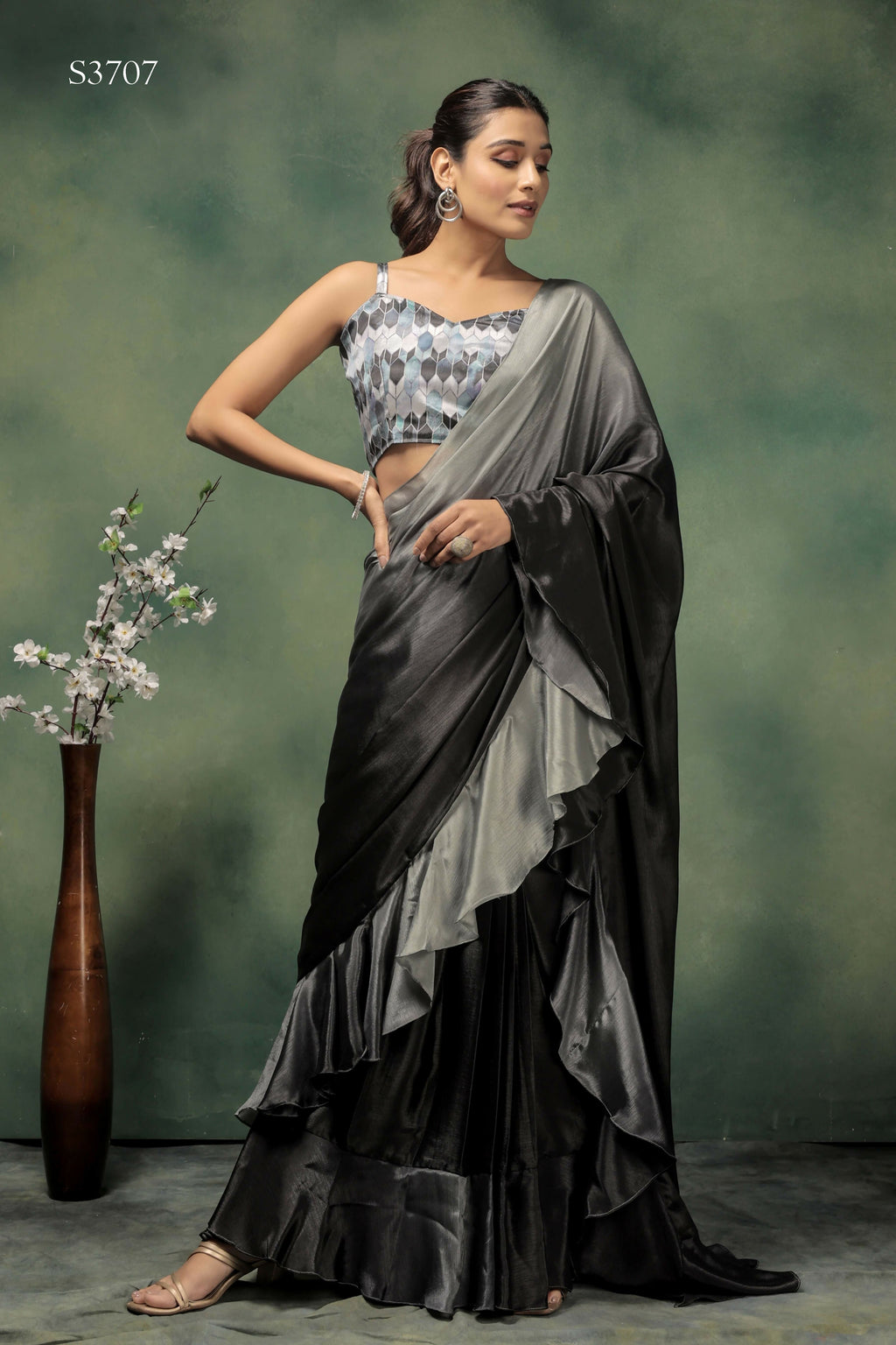 Grey Satin Solid Designer, Printed Party Wear Ready To Wear Saree - Nasreen