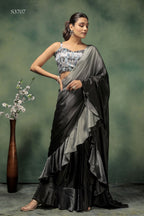 Grey Satin Solid Designer, Printed Party Wear Ready To Wear Saree - Nasreen