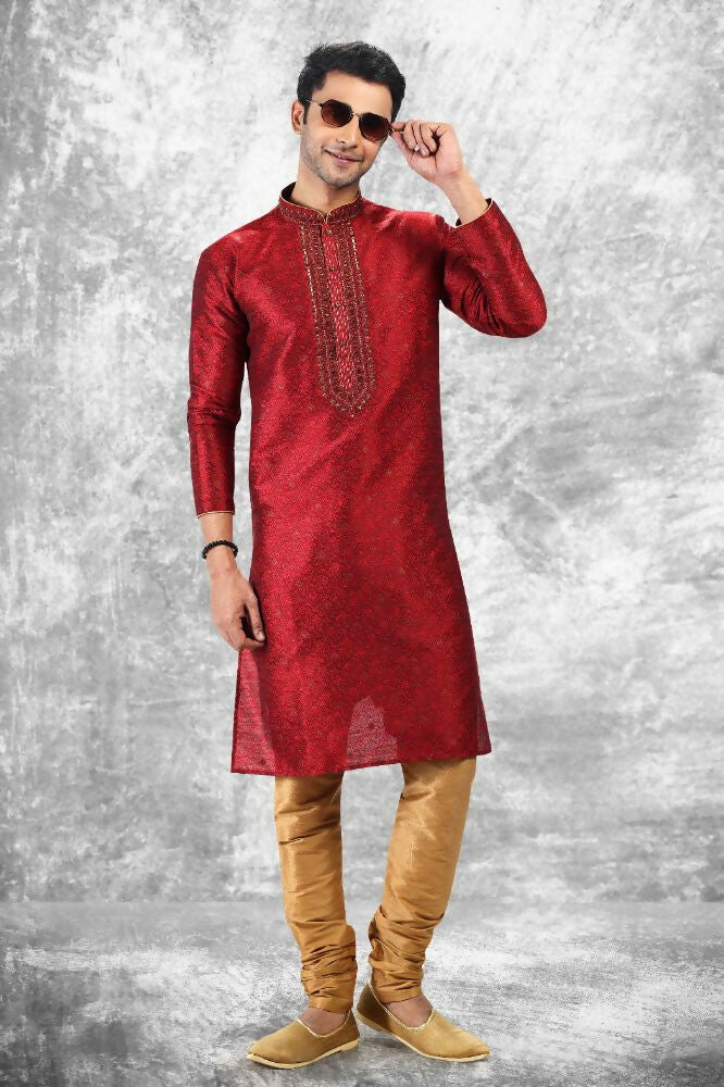Raivat Ethnic Jacquard Silk Brocade Mirror and Thread Work Kurta Pajama In Maroon Colour