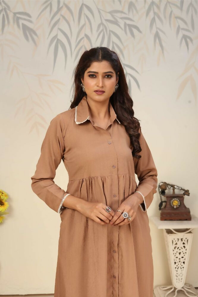 Jyoti Fashion Women's Beige Rinkal Cotton Plain with Side Pocket Kurtis & Sets