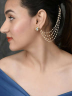 NVR Pearl Studded Classic Gold-Polished 4 Line Ear Chain Ear Cuff