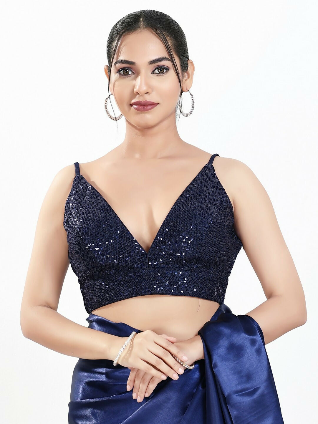 Joban Fashion Navy Blue Sequin Padded Blouse With V Neck Sleeveless - Distacart