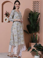 Jyoti Fashion Women's Off White Cotton Floral Digital Printed Kurta with Trouser & Dupatta