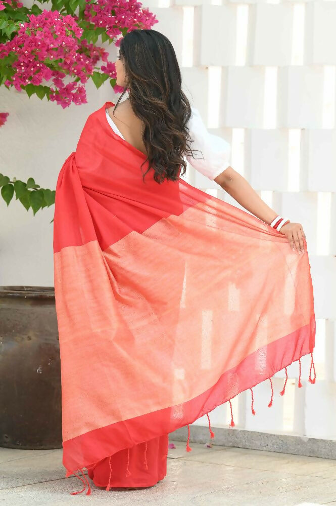Beatitude Red Cotton Ghicha Pallu Saree