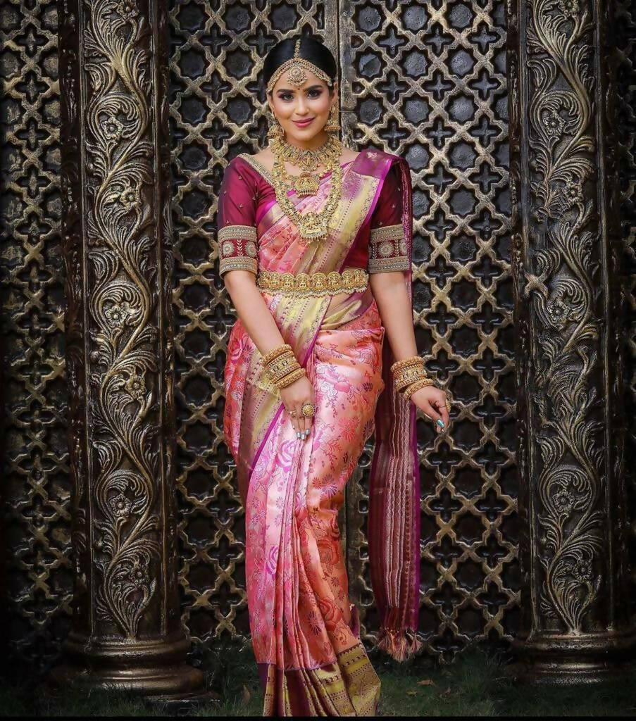 DEIANA'S Beautiful Designer Golden zari Soft Lichi Silk Saree - Peach