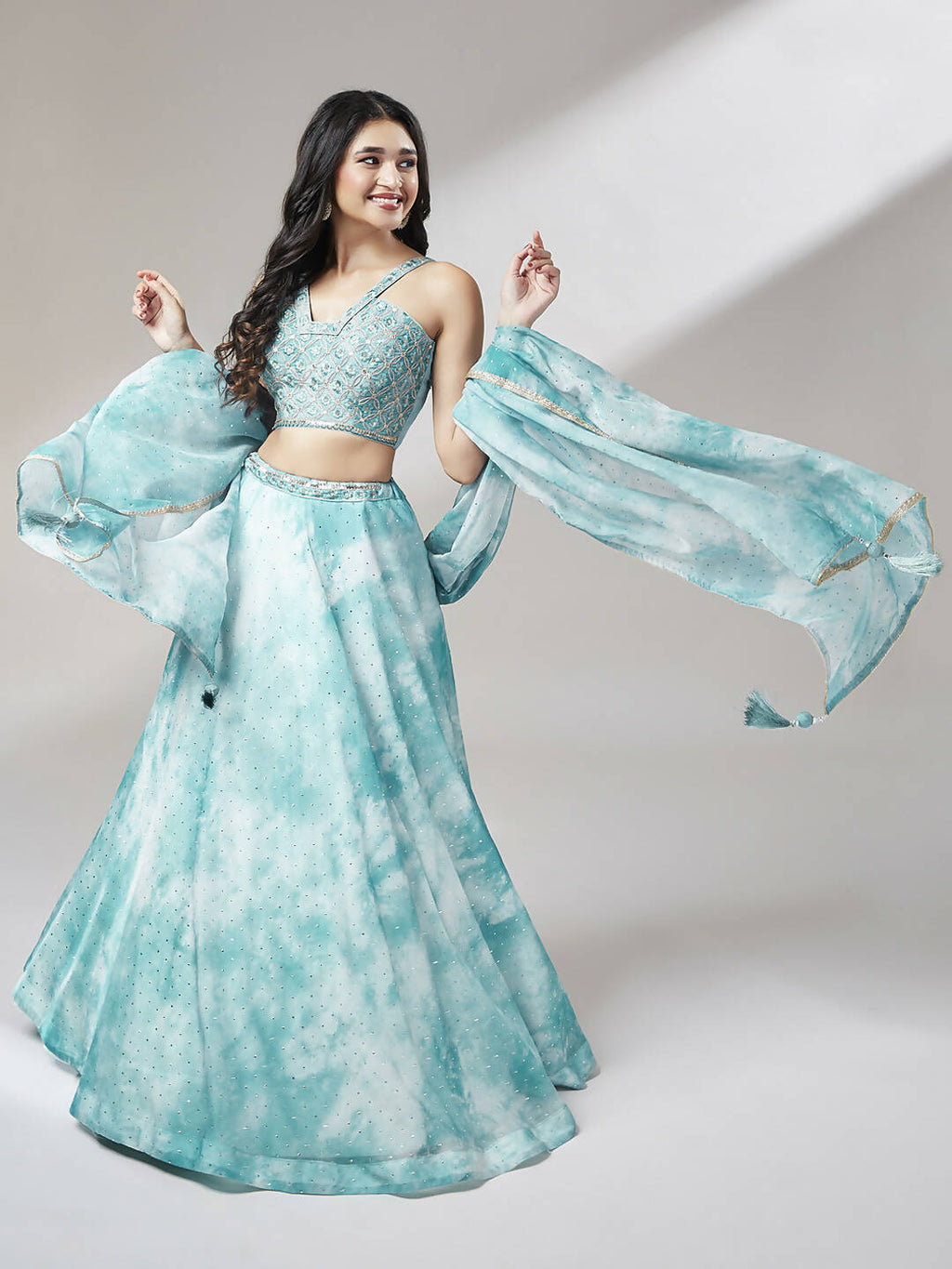 House of Panchhi Turquoise Blue Organza Floral Printed Lehenga choli & Dupatta