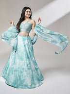 House of Panchhi Turquoise Blue Organza Floral Printed Lehenga choli & Dupatta