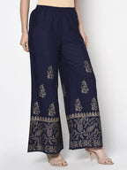 Aniyah Rayon Navy Blue Color Block Print Flared Slip-On Palazzo (AN-211K)