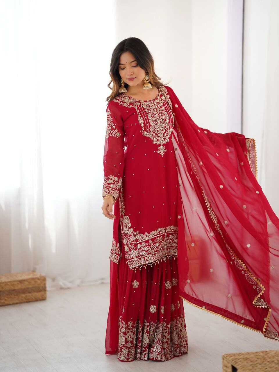 The52 Women's Beautiful Faux Georgette Fabric Embroidery Work Straight Kurt Sharara and Dupatta Set - Distacart