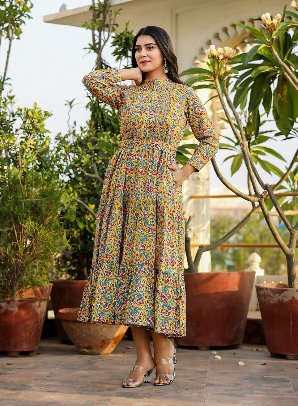 Kaajh Women's Yellow Floral Handblock Print Cotton Dress - Distacart