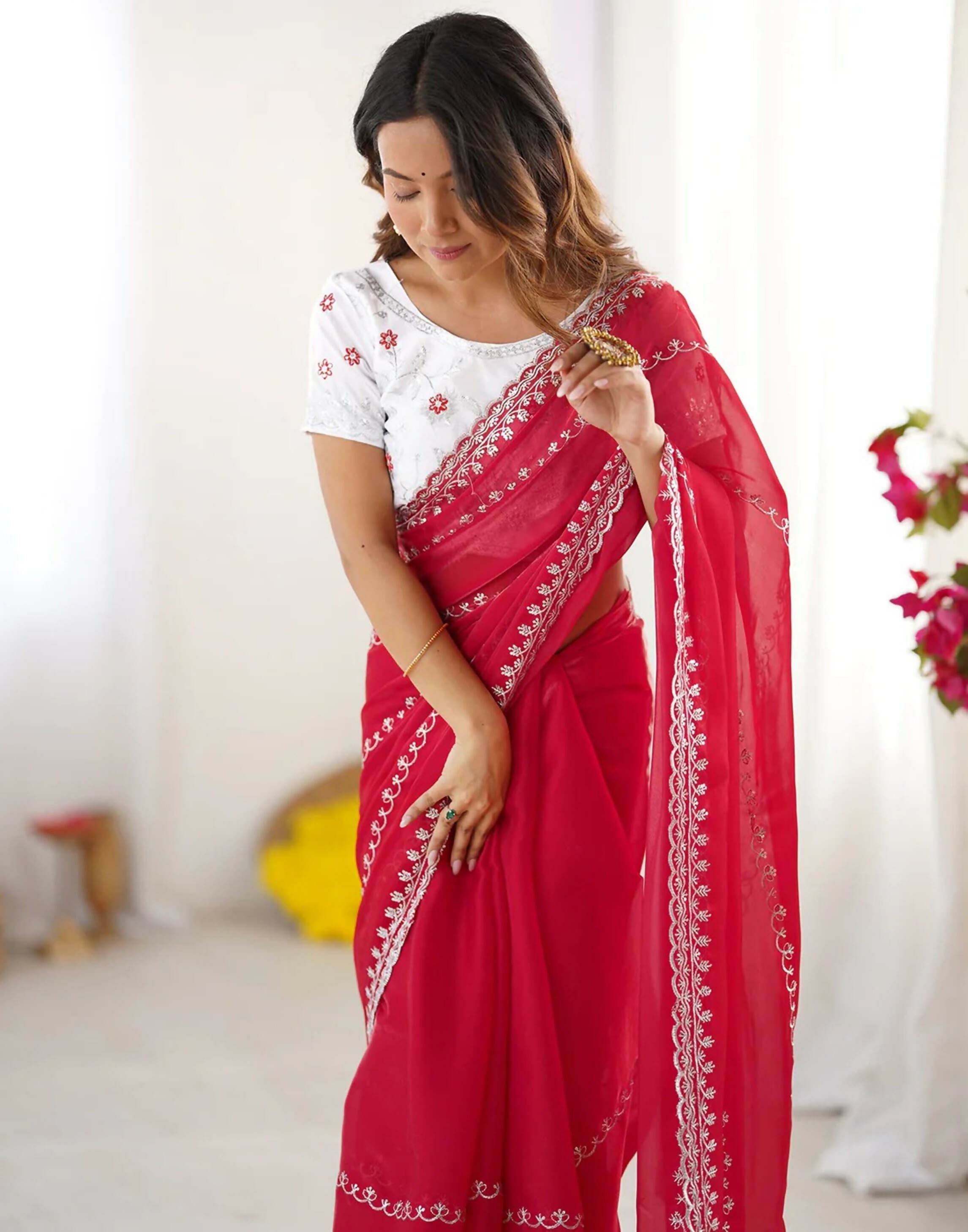 Joban Fashion Tissue Silk Red & Silver Embroidery Saree - Distacart