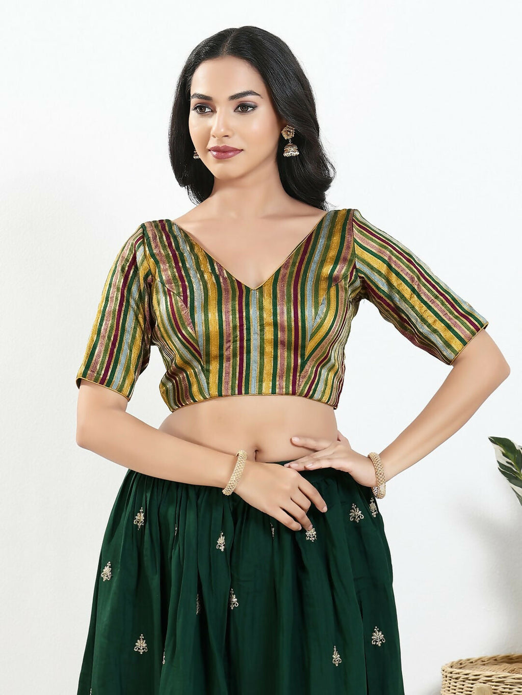 Joban Fashion Green Multi Brocade Padded Blouse With V Neck Elbow Sleeves - Distacart