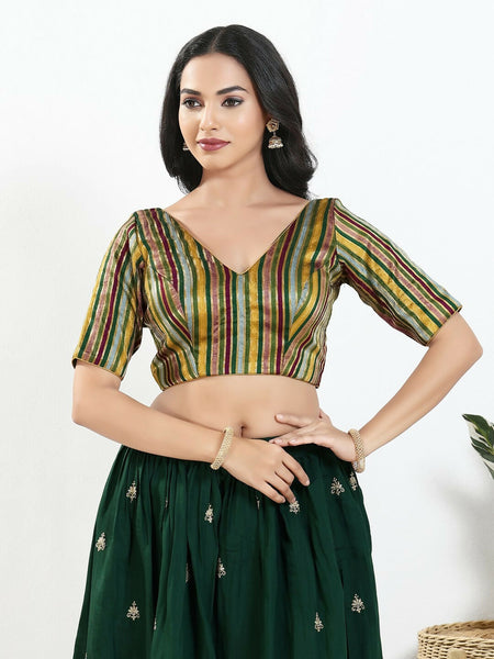 Joban Fashion Green Multi Brocade Padded Blouse With V Neck Elbow Sleeves