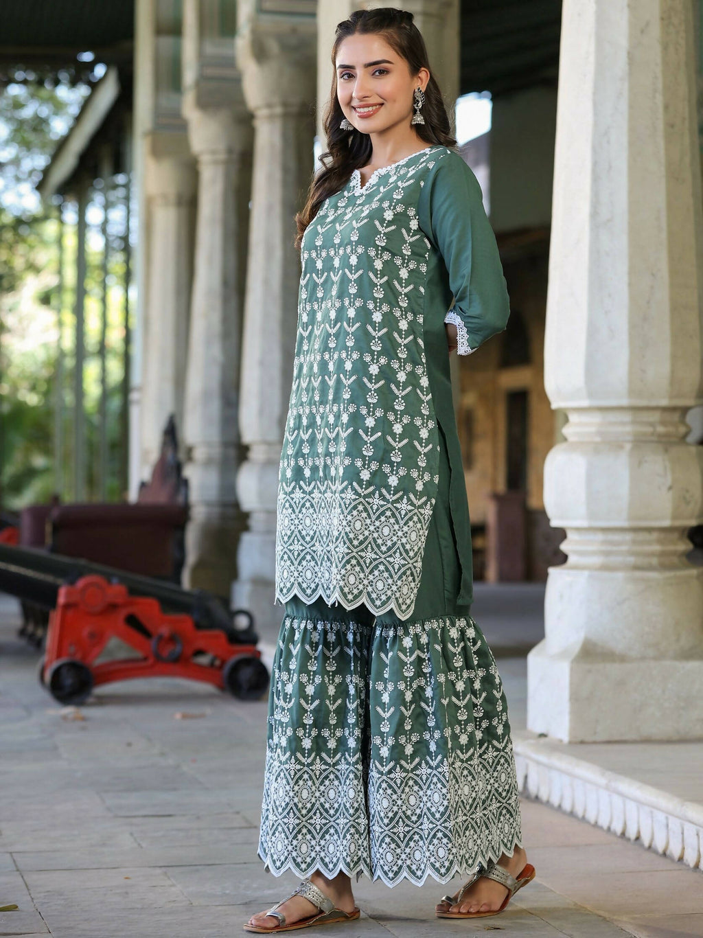 Juniper Women's Green Chinnon Embroidered Kurta Garara Set - Distacart