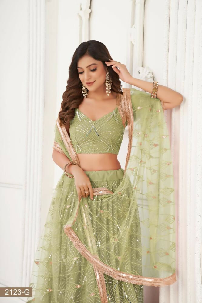 Aastha Fashion Pista Green Butterfly Net Tone To Tone Thread Work, Sequence Work And Original Mirror Work Embroidery Wedding Wear Lehenga Choli