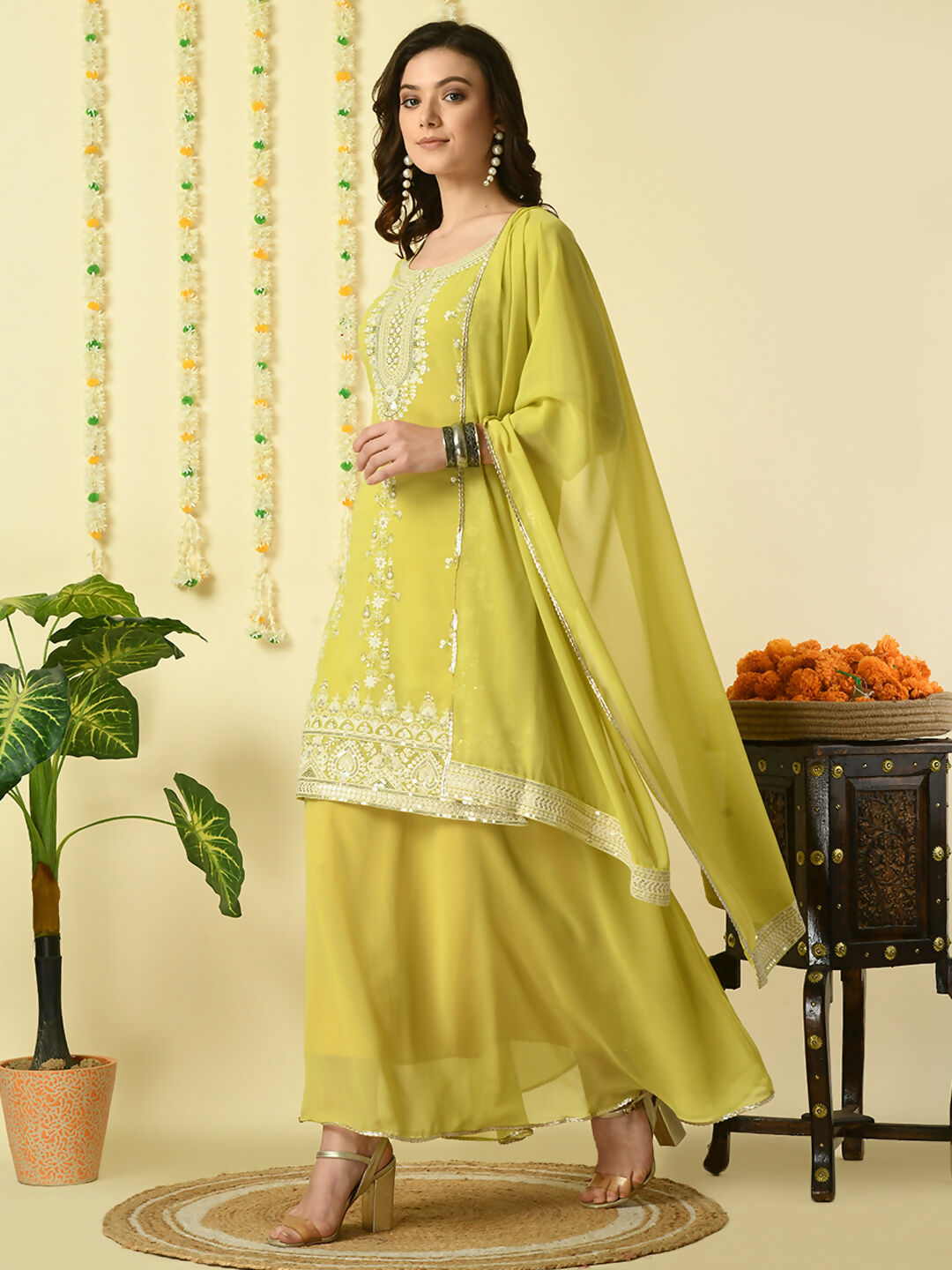Myshka Women's Yellow Georgette Kurta & Skirt With Dupatta Party Sets