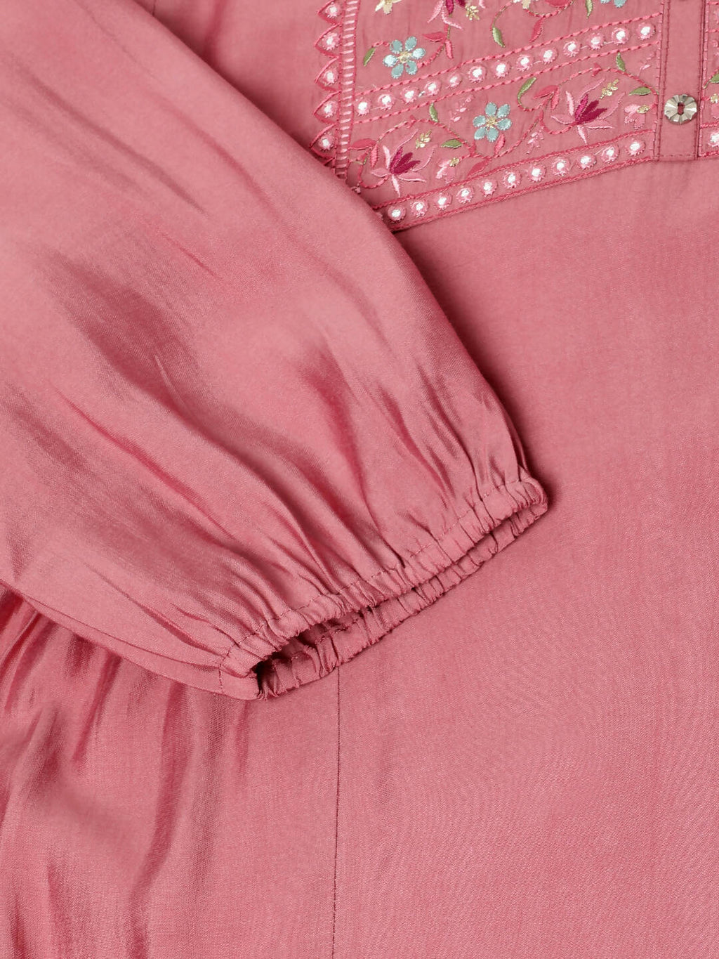 Pink Chinon Yoke Embroidered A-line Top - Tarini