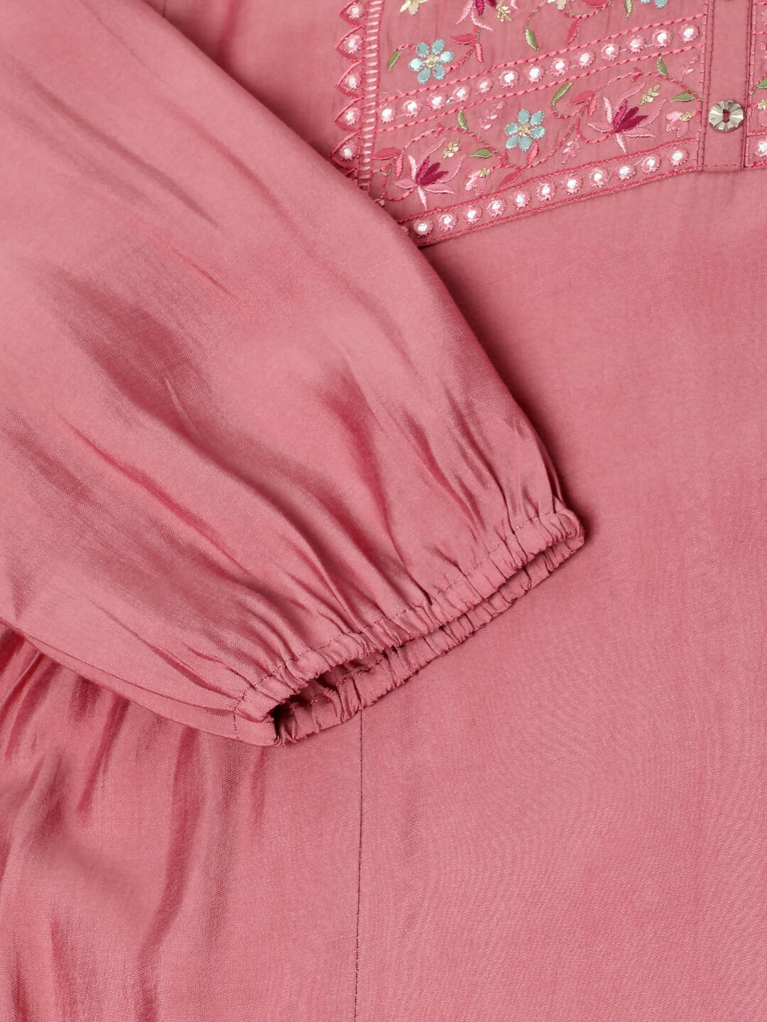 Pink Chinon Yoke Embroidered A-line Top - Tarini