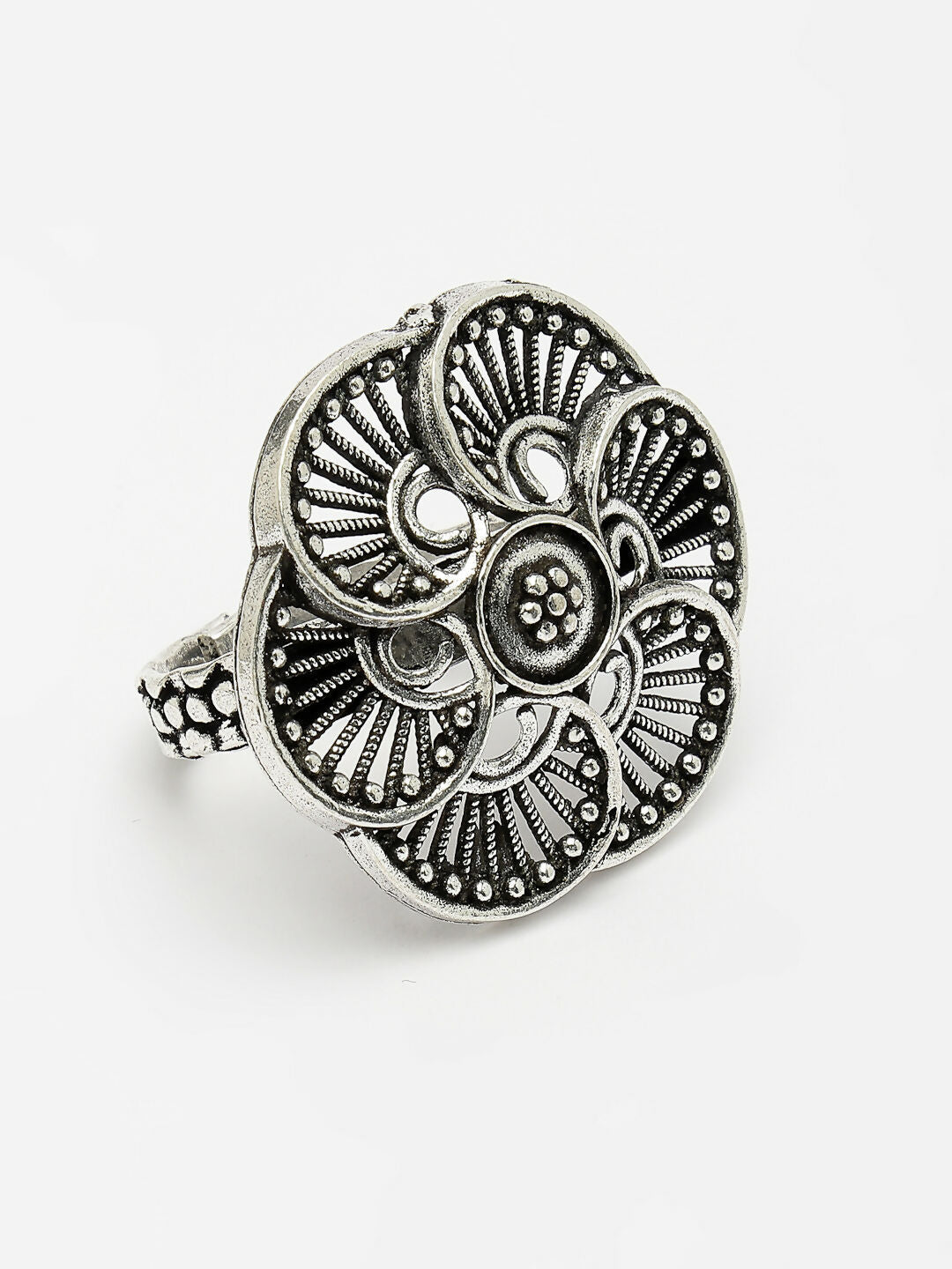 NVR Women's Silver-Toned Floral Shape Adjustable Finger Ring