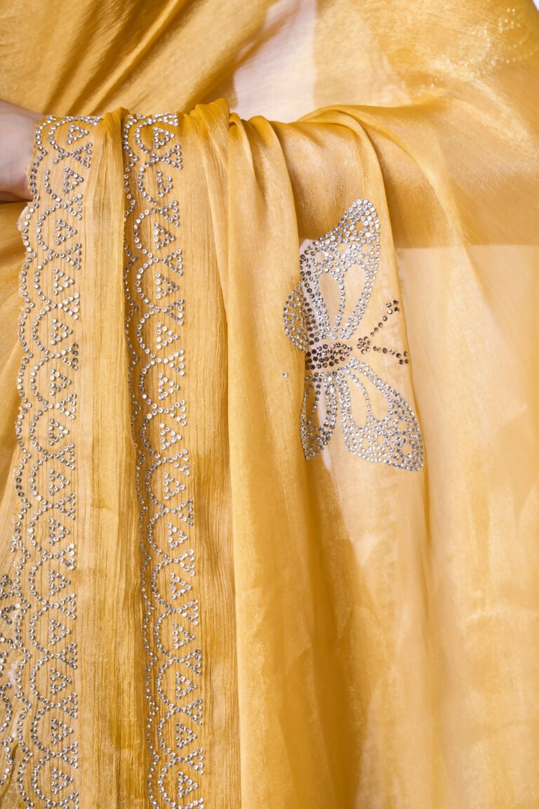 Yellow Burburry silk Swarovski Designer Work Saree - Shezlin