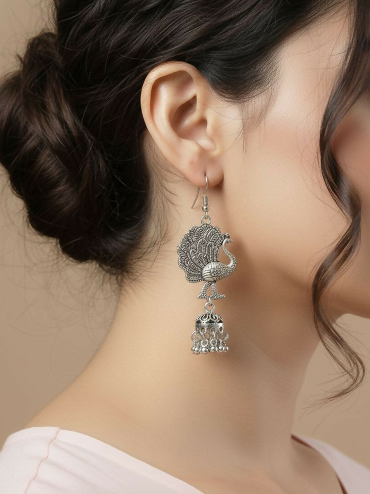 NVR Women Peacock Design German Silver Oxidised Jhumka Earrings - Distacart