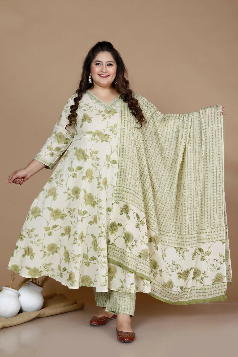 Miravan Women's Plus Size Green Printed Anarkali Kurta With Palazzo And Dupatta