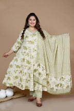 Miravan Women's Plus Size Green Printed Anarkali Kurta With Palazzo And Dupatta