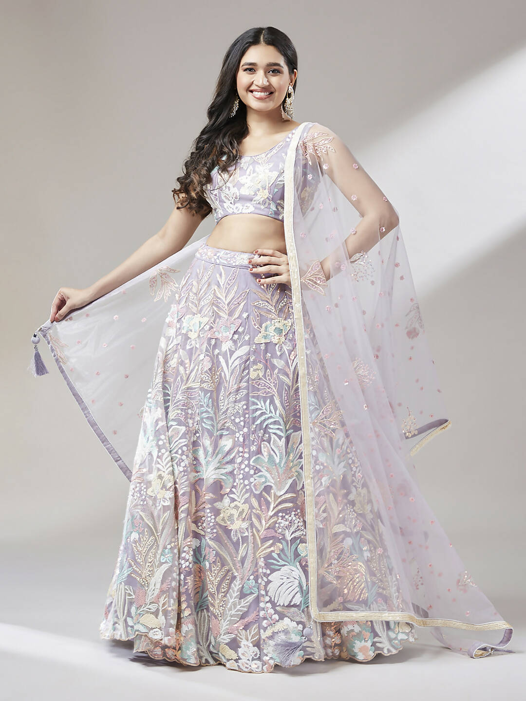 House of Panchhi Muave Net Sequinse Work Lehenga & Blouse with Dupatta