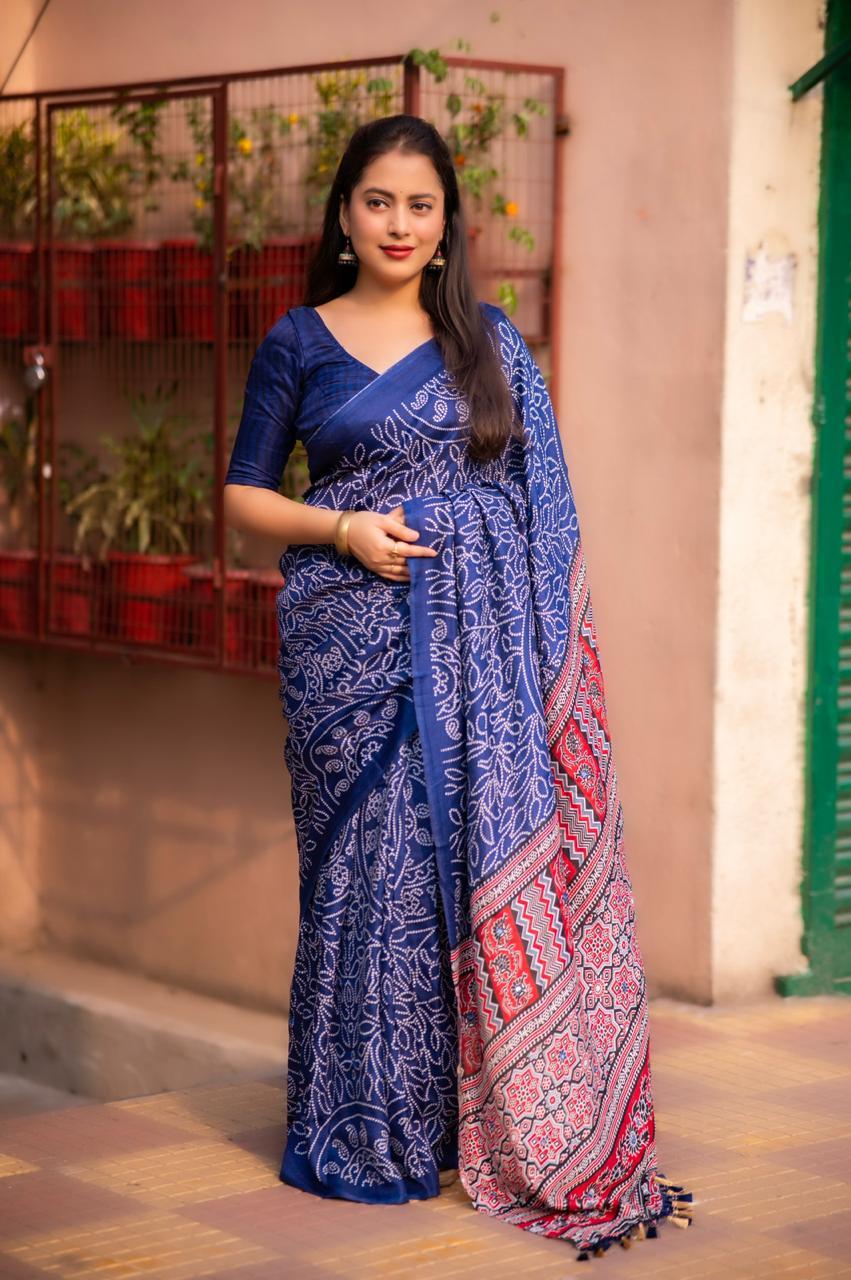 Blue Silk Blend Ajrak Saree with Unstitched Blouse - A2M