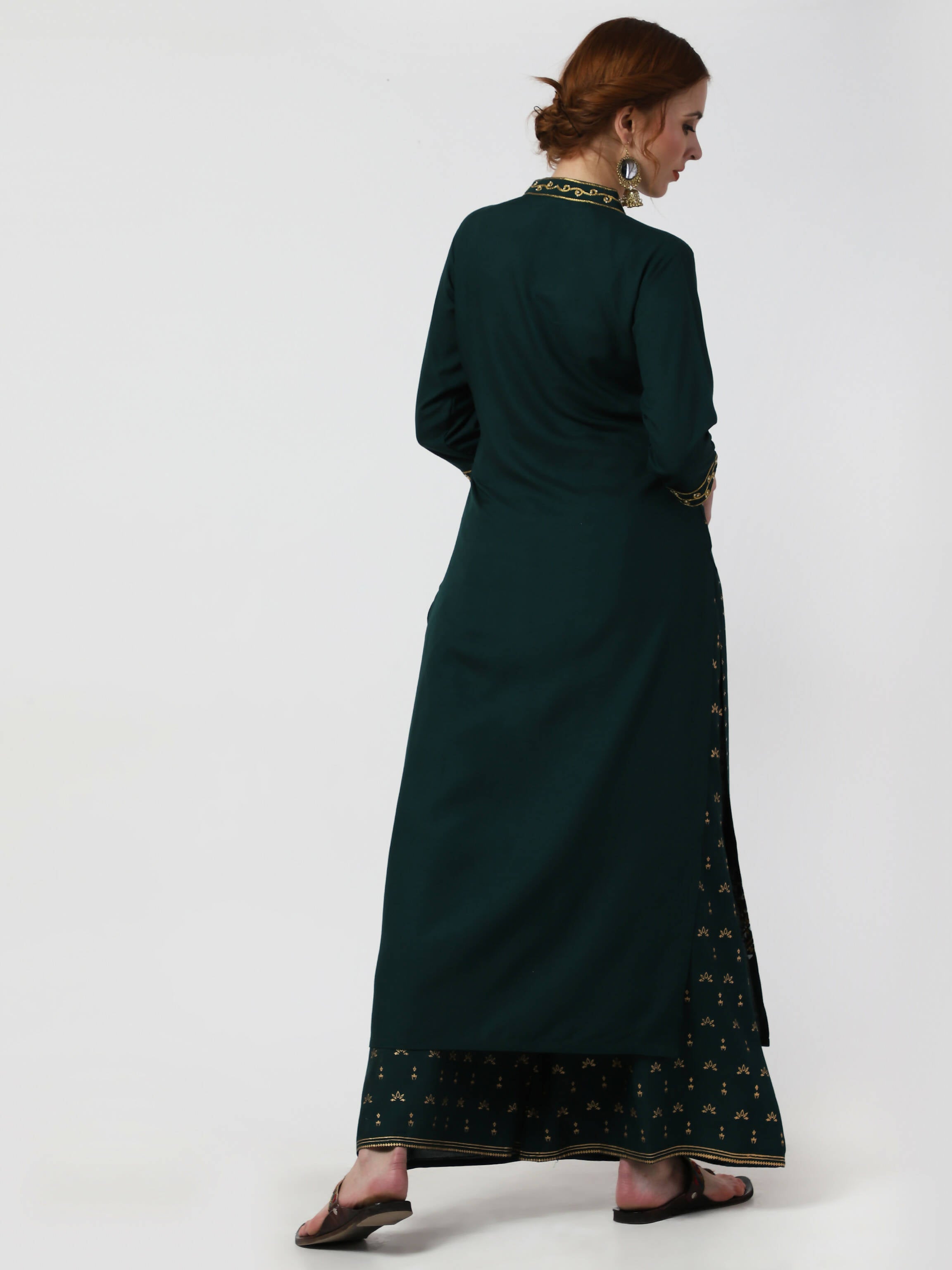 Cheera Embellished Daily Wear Cotton Blend Kurta With Palazoo - Bottle Green