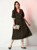 Myshka Women's Black Floral Printed Empire Dress - Distacart