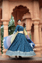 Vastranavya Navaratri Collection Myra Silk Lehenga & Blouse With Maslin Crochet Printed Dupatta Set - Turquoise