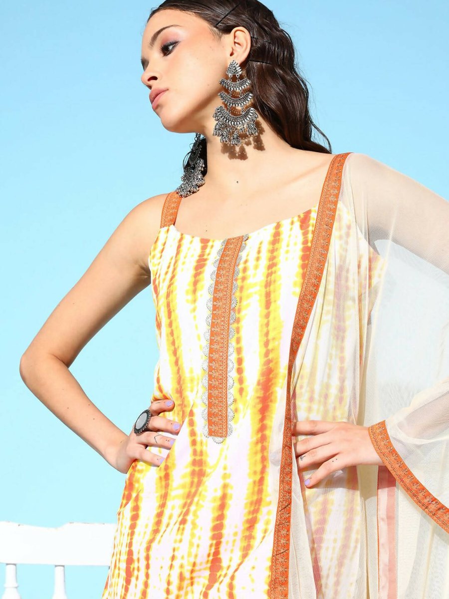 Ahalyaa Women's Orange Crepe Printed Kurta Sharara Set With Dupatta - Distacart