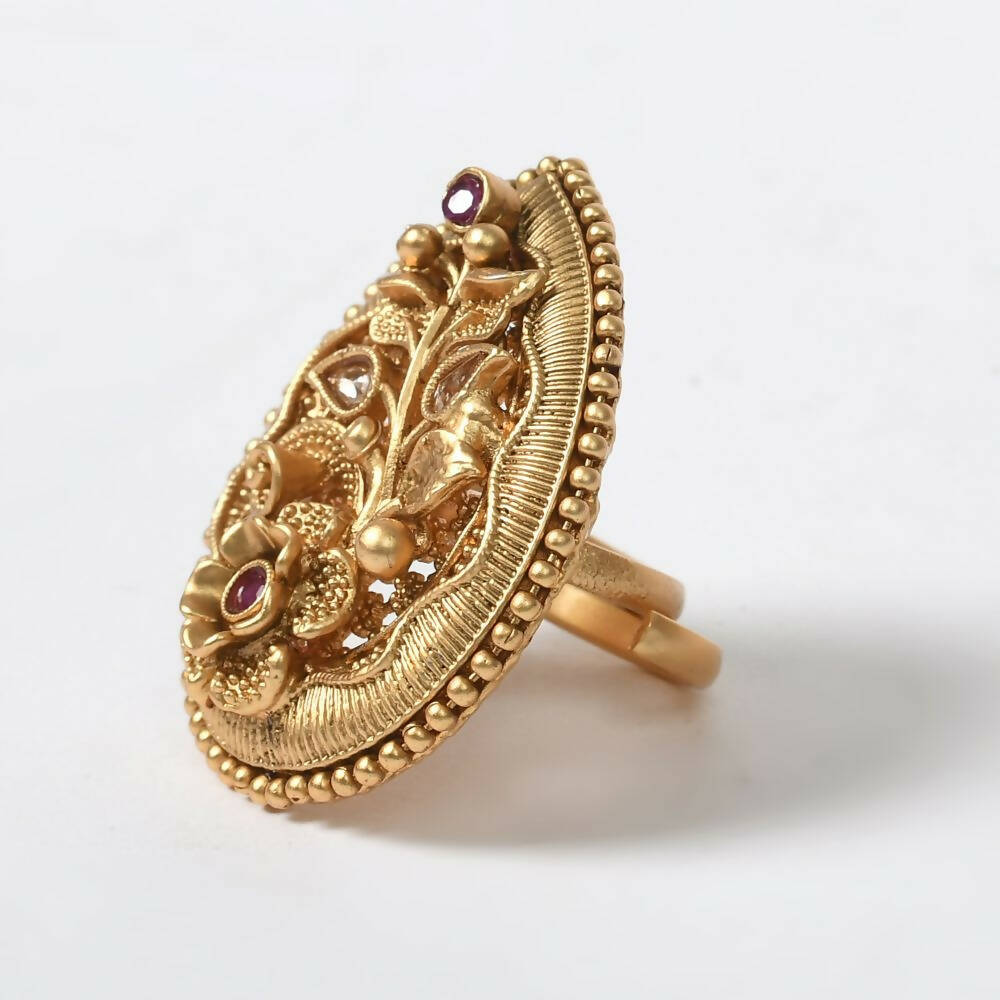 Mominos Fashion Joharkamal Gold-Polished Stone Studded Adjustable Finger Ring - Design 07