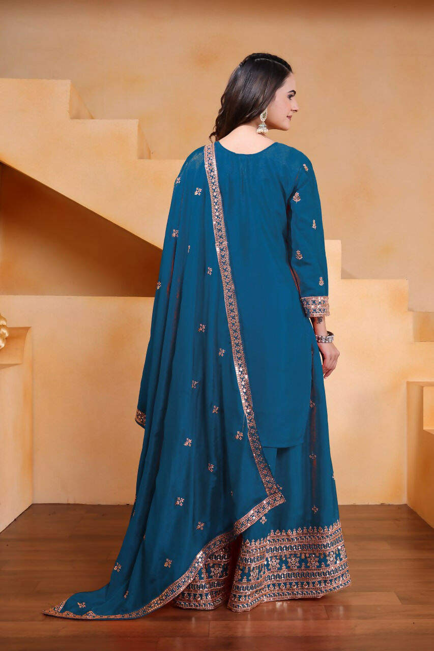 Teeya Creation Teal Color Chinon Silk Wedding Wear Trending Palazzo Set - Distacart