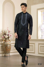 Raivat Ethnic Banarasi Art Silk Thread and Mirror Work Kurta Pajama In Black Colour