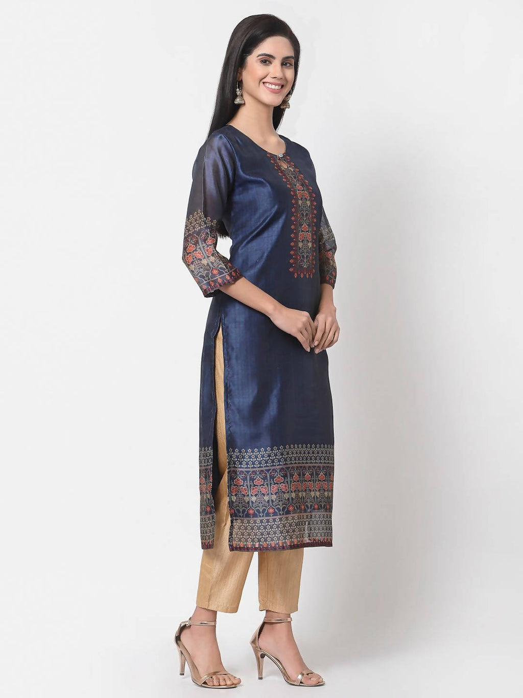 Myshka Navy Blue Printed Chanderi Silk 3/4 Sleeve Round Neck Casual Kurta