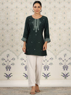 Dark Green Chinon Embroidered Straight Top - Zeny