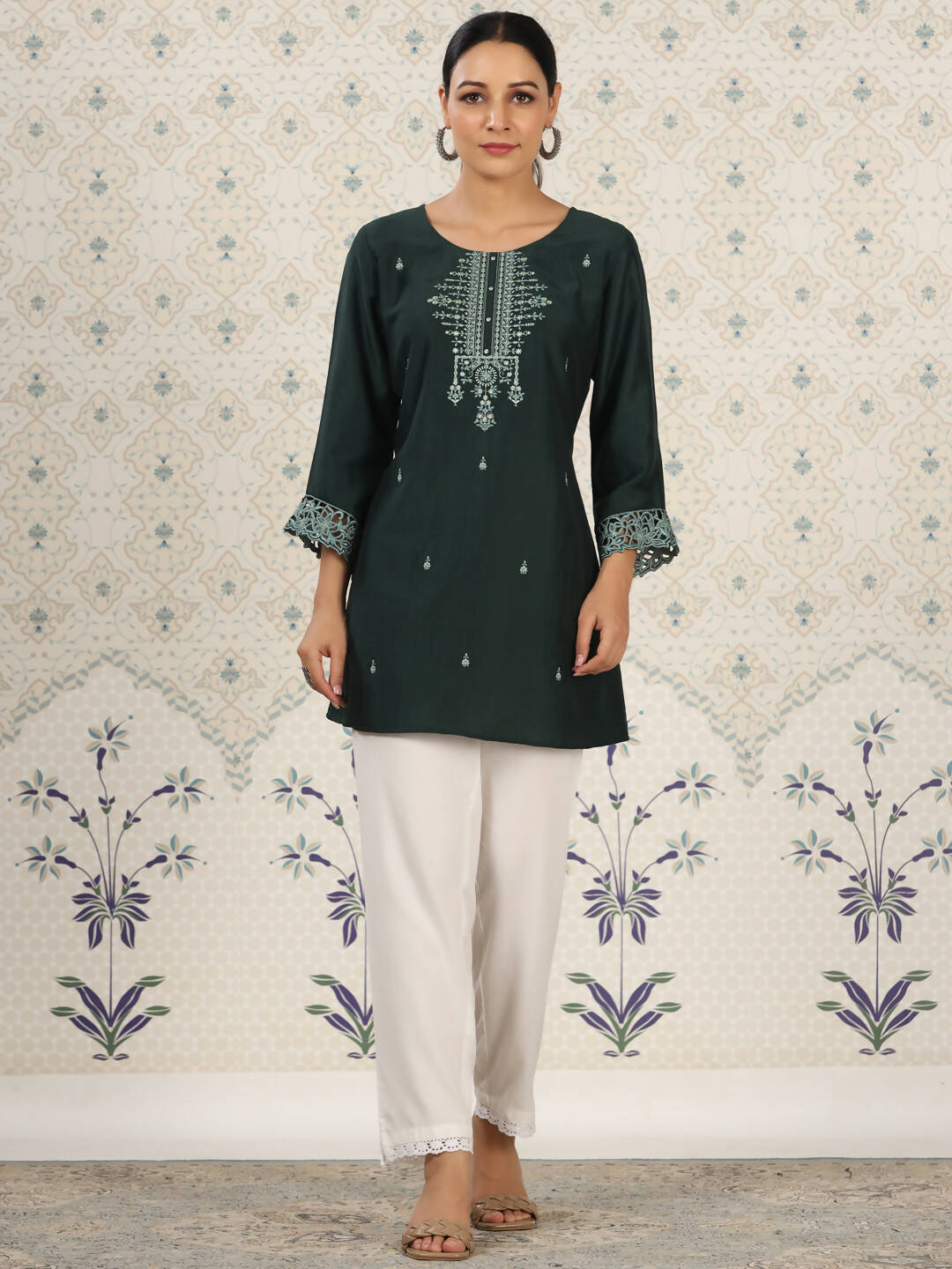 Dark Green Chinon Embroidered Straight Top - Zeny