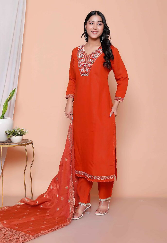 Miravan Womens Orange Embroidered Straight Kurta With Palazzo And Dupatta Set - Distacart