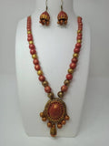 Terracotta Medium Necklace Set With Hangings-Golden Pink