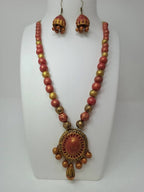 Terracotta Medium Necklace Set With Hangings-Golden Pink