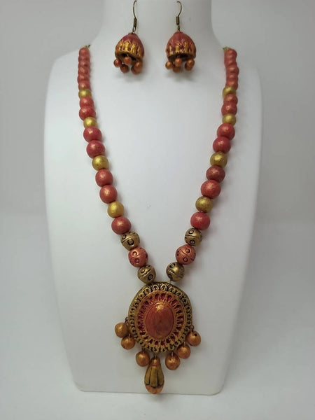 Terracotta Medium Necklace Set With Hangings-Golden Pink